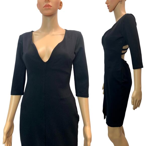 80s Black Cut Out Spandex Dress | Low Cut Tight Fit Classic | M - Picture 4 of 8